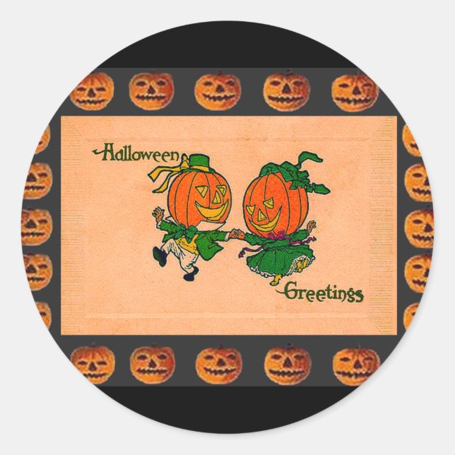 Vintage Dancing Jack o' Lanterns Classic Round Sticker (Front)