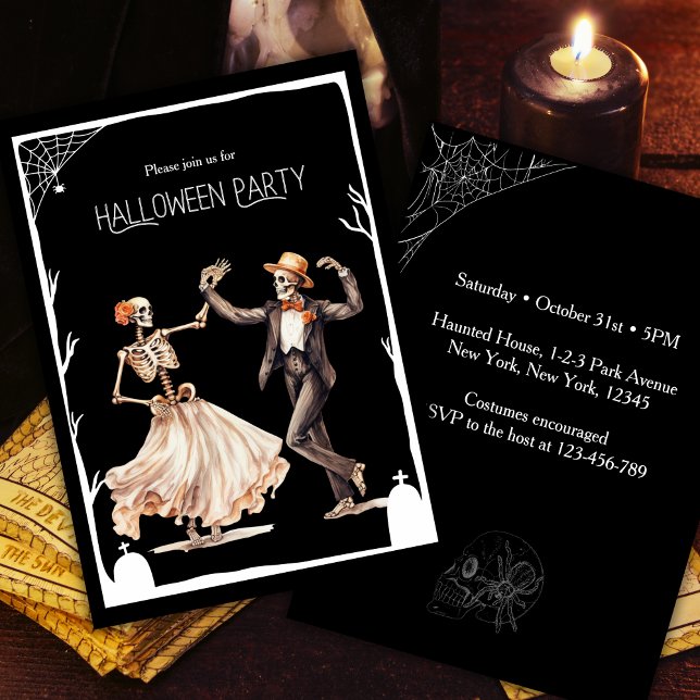 Vintage Dancing Skeleton Adult Halloween Party Invitation (Classy Vintage Adult Halloween Party Invitation. Dancing skeleton, costumes and cocktails. )