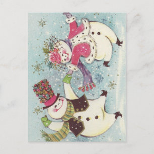 Vintage Dancing Snowman Couple Postcard