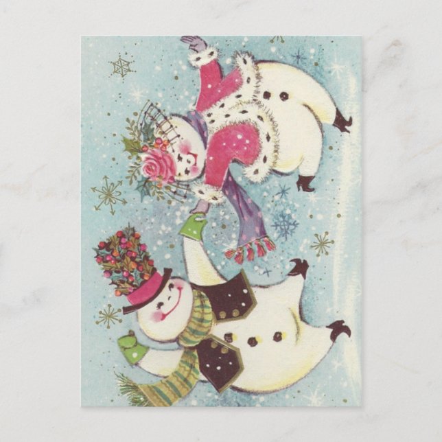 Vintage Dancing Snowman Couple Postcard (Front)