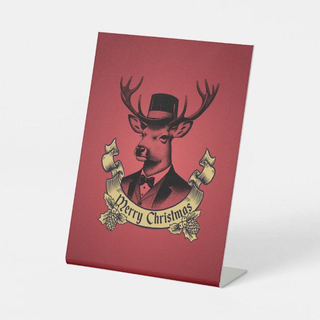 Vintage Dapper Reindeer Merry Christmas Pedestal Sign (Front)