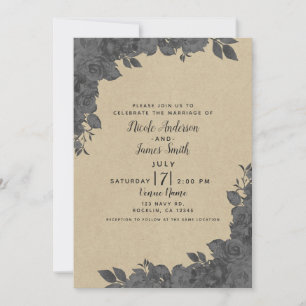 Vintage Dark Black Floral Roses & Kraft Wedding Invitation