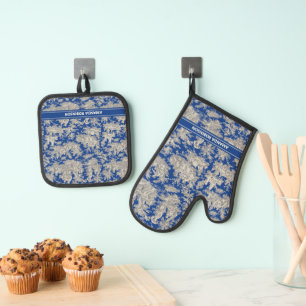 Vintage Dark Blue French Country Toile de Jouy Oven Mitt & Pot Holder Set