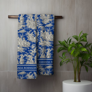 Vintage dark blue toile de jouy printed bath towel set
