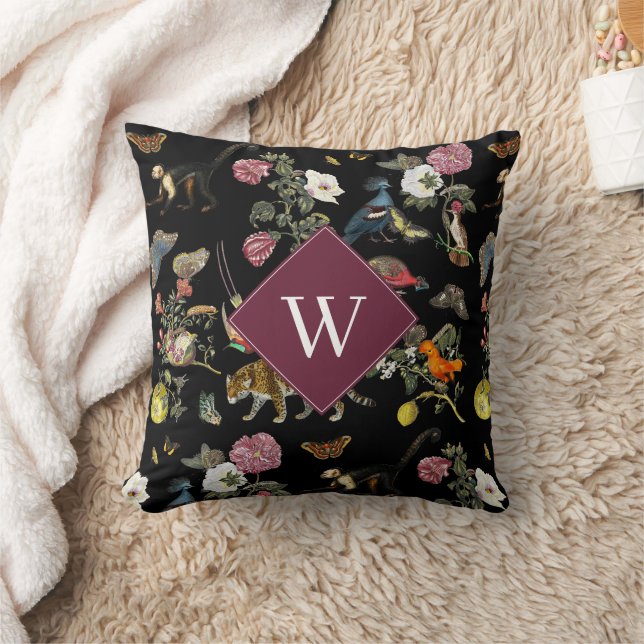Vintage Dark Botanical Animals Forest Monogram Cushion (Blanket)