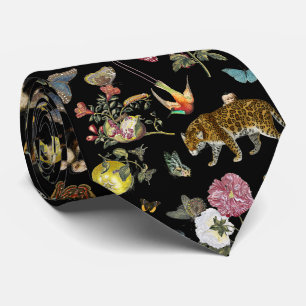 Vintage Dark Botanical Wild Animals in Forest Tie