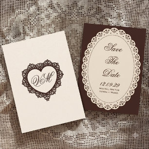 Vintage Dark Brown Cream Lace Oval Doily Wedding Save The Date