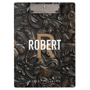 Vintage dark brown tooled leather monogram name clipboard