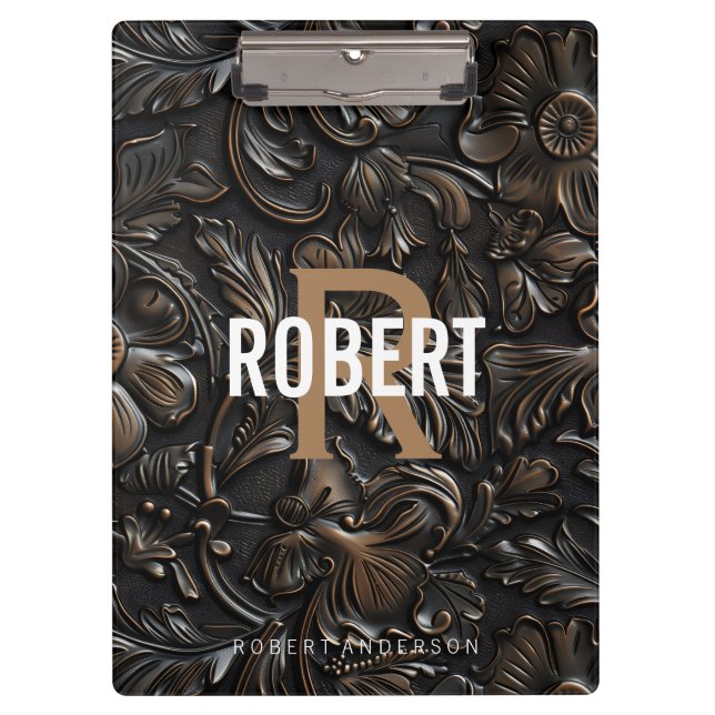 Vintage dark brown tooled leather monogram name clipboard (Front)