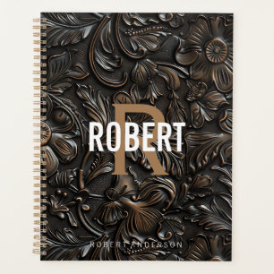 Vintage dark brown tooled leather monogram name planner