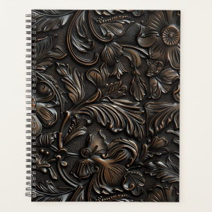Vintage dark brown tooled leather  planner
