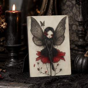 Vintage Dark Fae Sitting on a Red Flower Plaque
