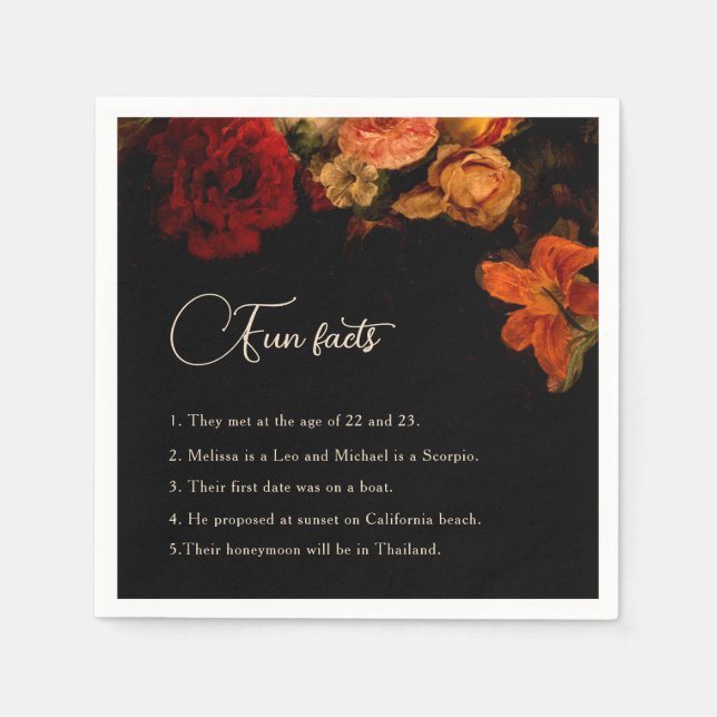 Vintage Dark Floral Fun Facts Wedding  Napkin (Front)