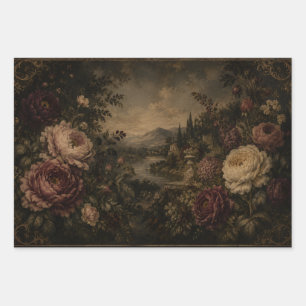 VINTAGE DARK FLORAL MOODY BOTANICAL GARDEN WRAPPING PAPER SHEET