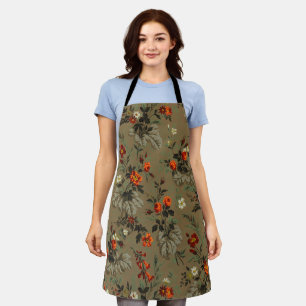 Vintage Dark Floral Orange Rose Botanical Pattern Apron