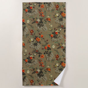 Vintage Dark Floral Orange Rose Botanical Pattern Beach Towel