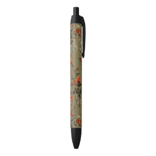 Vintage Dark Floral Orange Rose Botanical Pattern Black Ink Pen