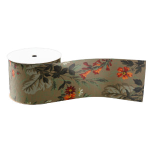 Vintage Dark Floral Orange Rose Botanical Pattern Grosgrain Ribbon