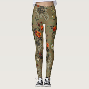 Vintage Dark Floral Orange Rose Botanical Pattern Leggings