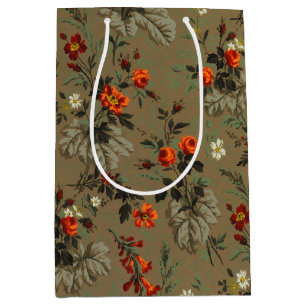 Vintage Dark Floral Orange Rose Botanical Pattern Medium Gift Bag