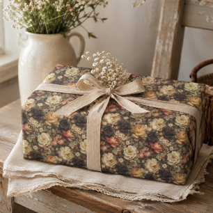 Vintage Dark Floral Rose Peony Pink Cream Muted Wrapping Paper Sheet