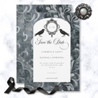 Vintage Dark Gothic Grey & Black Damask & Ravens
