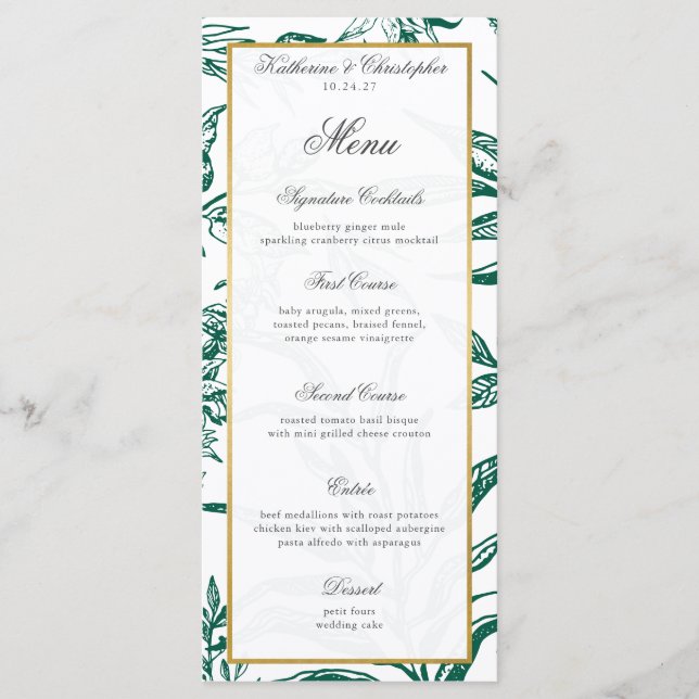 Vintage Dark Green Gold Botanical Wedding Menu (Front)