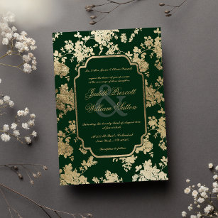 Vintage Dark Green Gold Floral Pattern Wedding Invitation