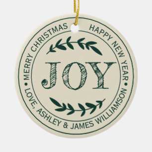 Vintage Dark Green Joy Personalised Christmas Ceramic Tree Decoration
