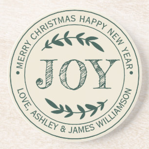 Vintage Dark Green Joy Personalised Christmas Coaster