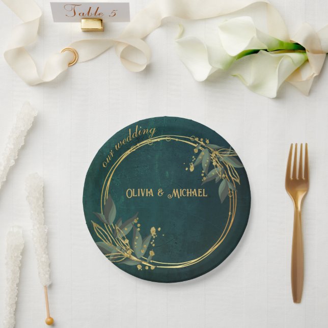 Vintage Dark Green Paper Plate (Wedding)