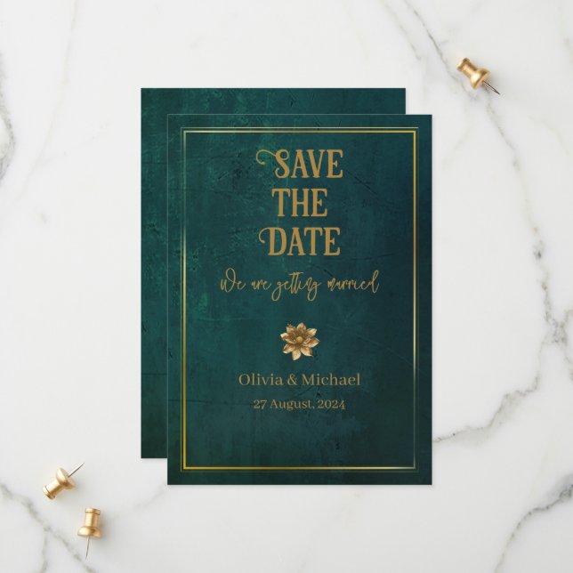 Vintage Dark Green Save The Date (Front/Back In Situ)
