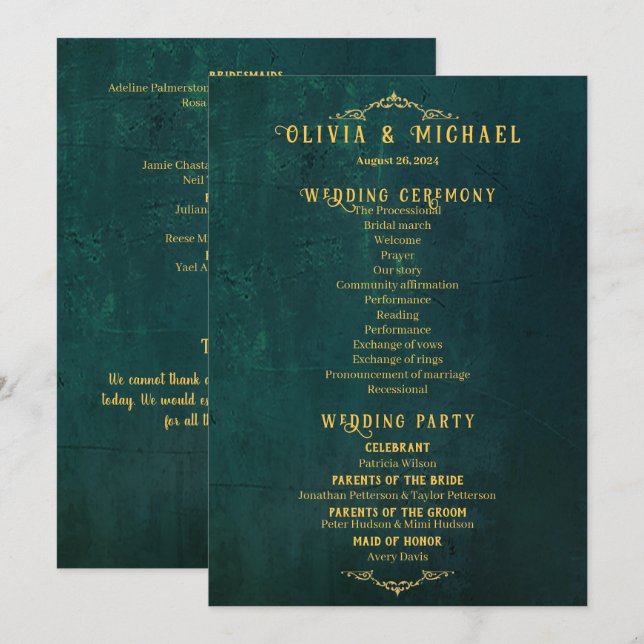 Vintage Dark Green Wedding Programme (Front/Back)