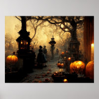 Vintage Dark Halloween Night Town Street
