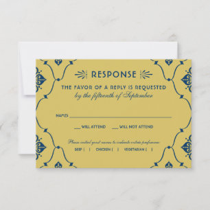 Vintage Dark Navy and Gold Art Deco Wedding RSVP Card