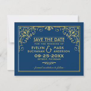 Vintage Dark Navy Blue and Gold Art Deco Wedding Save The Date