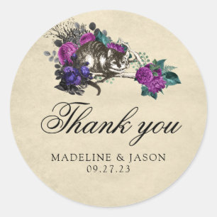 Vintage Dark Purple Floral Cat Wedding Thank you C Classic Round Sticker