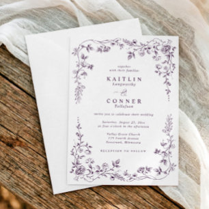 Vintage Dark Purple French Floral Elegant Wedding Invitation