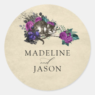 Vintage Dark Purple Plum Floral Cat Wedding Classic Round Sticker
