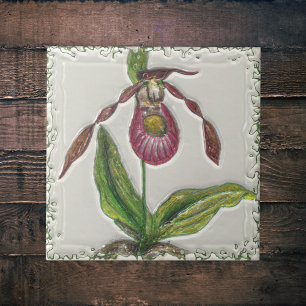 Vintage Dark Red Lady Slipper OIrchid Botanical Tile
