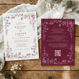 Vintage Dark Red Wine French Floral Wedding Invitation