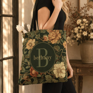Vintage Dark William Morris Floral Monogram Tote Bag