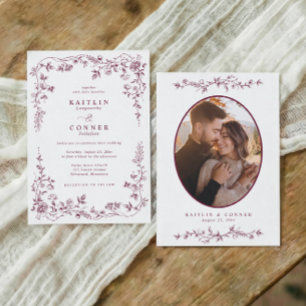 Vintage Dark Wine Red French Floral Wedding Photo Invitation