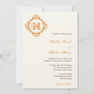 Vintage decay orange leaves frame monogram wedding invitation