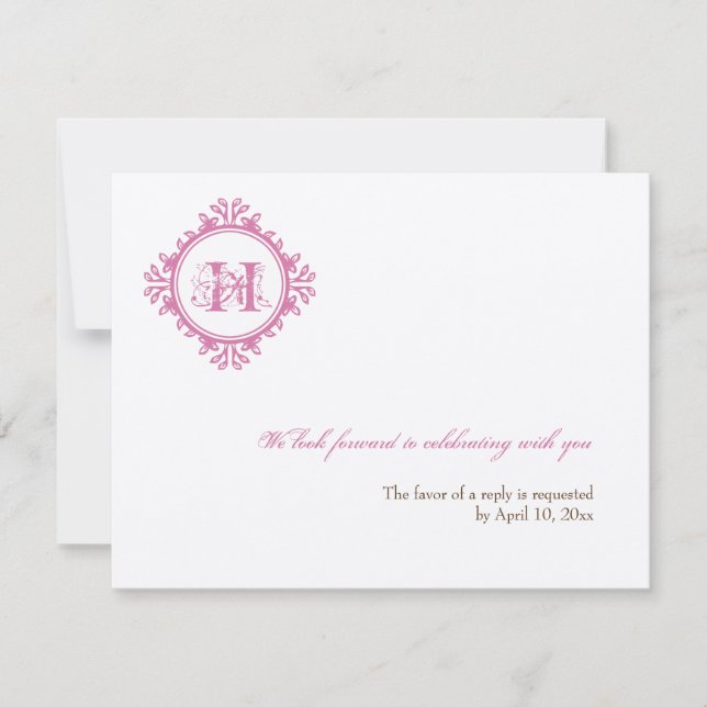Vintage decay pink initial wedding rsvp response invitation (Front)