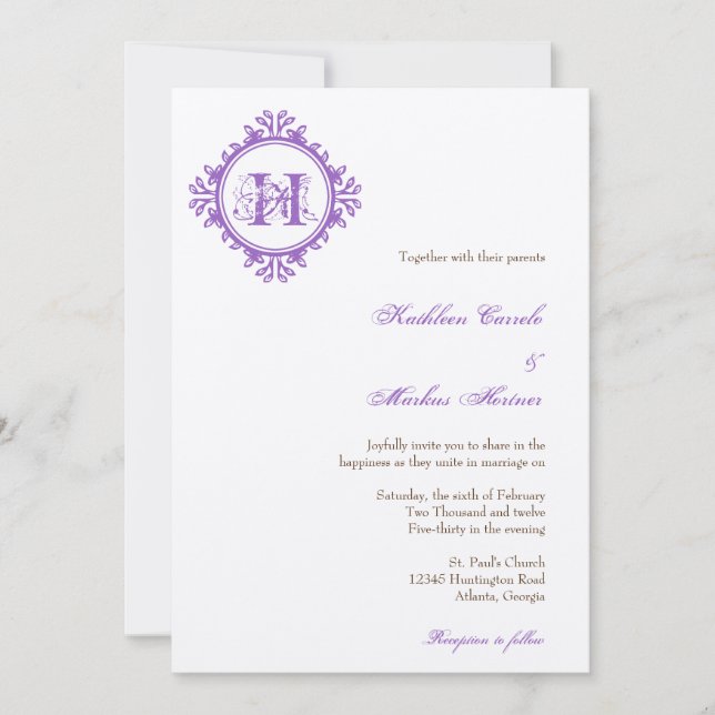 Vintage decay purple leaves frame monogram wedding invitation (Front)
