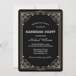 Vintage Deco Art Elegant Black Gold Bachelor Party Invitation