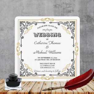 Vintage Deco Art Elegant Black White Gold Wedding Invitation