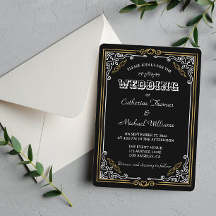 Vintage Deco Art Elegant Black White Gold Wedding Invitation