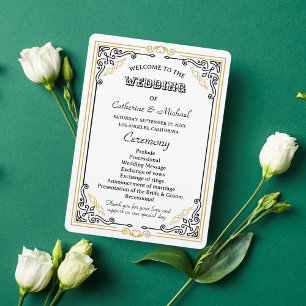 Vintage Deco Art Elegant Black White Gold Wedding  Programme